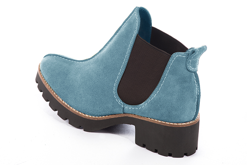Women's sky blue and matt black elegant Chelsea ankle boots, with side elastics. Round toe. Thick rubber soles - Rear view